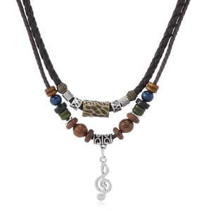 Double-layered braided cord necklace with vintage musical note pendant and wooden beads