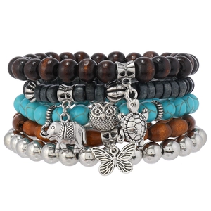 Bracelet multicouche bohème avec perles et pendentifs éléphant hibou tortue et papillon