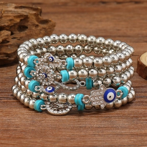 Bracelet Perles Homme Bohème Alliage Argent Perles CCB Œil Maléfique Main de Fatma Arbre de Vie Croix Pendentif Strass Bijoux