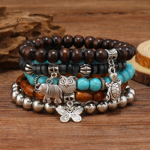 Bracelet Perlé Multicouche Bohème pour Hommes Femmes Alliage Éléphant Tortue Hibou Pendentif Perles de Bois Bijoux
