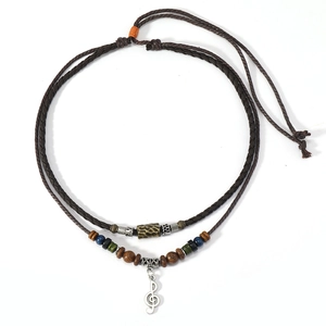 Retro multi-layer woven necklace with wooden beads and musical note pendant