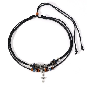 Adjustable double-layered black beaded necklace with a vintage cross pendant for men
