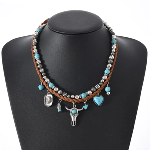 Bohemian bull skull turquoise heart beaded necklace set with brown braided cord