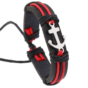 Men's hip-hop nautical hand-woven leather bracelet with silver metal anchor charm
