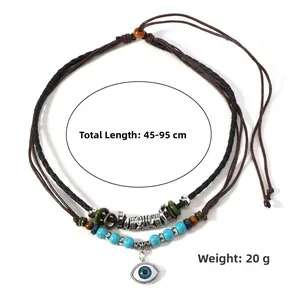 Detail of bohemian turquoise beaded necklace with adjustable 45-95cm braided cord length