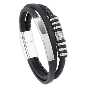 Bracciale multistrato da uomo in pelle intrecciata nera con chiusura magnetica in acciaio argento