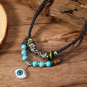 Vintage Bohemian Double Layered Necklace Alloy Evil Eye Pendant Ethnic Wood Bead Artificial Turquoise Braided Rope Necklace