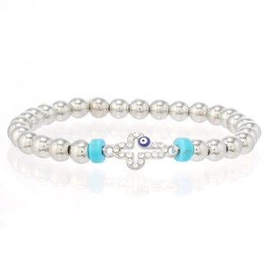 Bracelet à perles élégant avec billes en métal argenté, œil grec et croix en strass
