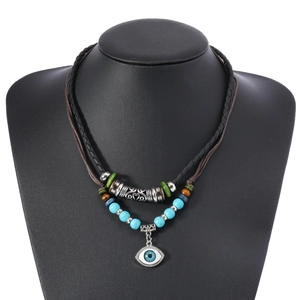 Bohemian double-layer necklace with turquoise beads and evil eye pendant on neck model