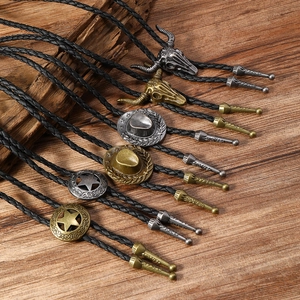 Vintage Western Cowboy Bolo Tie Retro Alloy Bull Head Pentagram Star Hat Pendant Necklace For Men Women Ethnic Jewelry Accessories