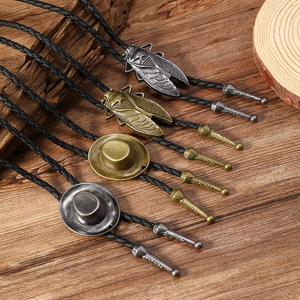Vintage Western Cowboy Bolo Tie Retro Alloy Hat Dragonfly Cicada Pendant PU Leather Braided Cord Necklace For Men Jewelry