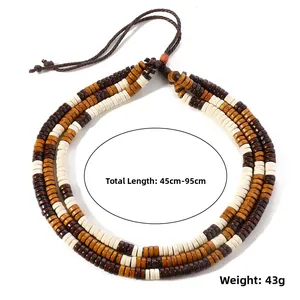Detail of adjustable wooden bead necklace showing 45-95cm length and weight specifications