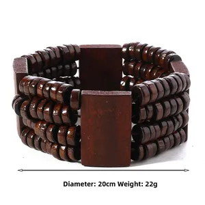 Detail of bohemian brown wooden beaded bracelet with multi-layer elastic cord design