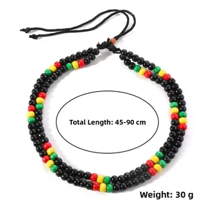 Detailed view of adjustable multi-color Rasta wood bead necklace with 45-90cm length