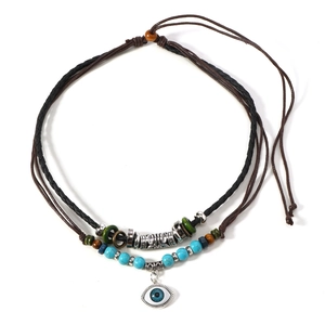 Bohemian multilayer turquoise beaded necklace with evil eye pendant and adjustable rope