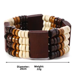 Detail view of multi-layered wooden bead bracelet with 20cm diameter and brown wood panels