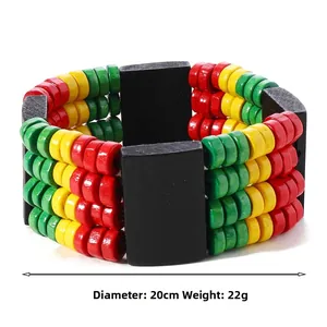 Detail view of Bohemian 3-layer wooden bead bracelet in red, yellow, and green colors