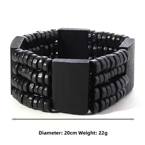 Detail of multi-layer black wood bead bracelet showing 20cm diameter and 22g weight