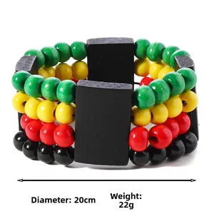 Detailed view of layered 8mm colorful wooden bead bracelet set with size specifications