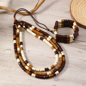 Retro multi-layer wooden bead necklace and bracelet set for beach surf and boho parties