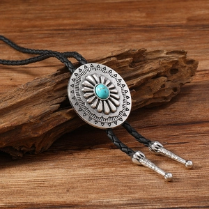 Cravate bolo vintage avec pendentif tournesol turquoise et cordon cuir tressé