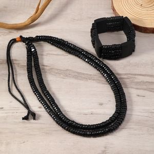 Men's black wood bead jewelry set with double-layer necklace and matching wide bracelet