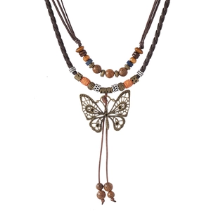 Ethnic retro multi-layer beaded necklace with vintage metal butterfly pendant and tassels