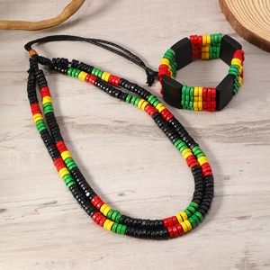 Bohemian Rasta style wood bead necklace and bracelet set in red yellow green and black
