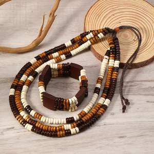 Men Retro Wood Bead Multi-layer Necklace And Bracelet Handmade Ethnic Style Beach Vacation Surfing Party Jewelry For Men