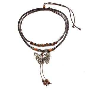 Ethnic retro multi-layer beaded necklace with vintage hollow butterfly pendant and wooden beads