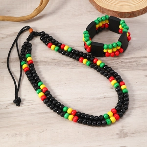 Ethnic jewelry set with red, yellow, and green 8mm wooden beads necklace and wide bracelet