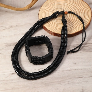 Men's Vintage Black Wood Bead Jewelry Set Handmade Multi-Layer Beaded Necklace And Bracelet Set Ethnic Retro Men Jewelry