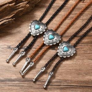 Western Bolo Tie with heart turquoise pendant on braided leather cords in three colors