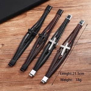 Detail view of multi-layer leather cross bracelets for men with magnetic metal clasps