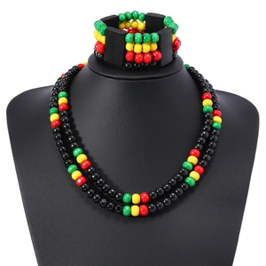 Handmade Rasta style layered beaded necklace and multi-color 8mm wood bead bracelet set