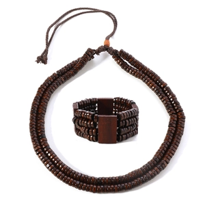 Bohemian brown wood bead jewelry set featuring a double necklace and multilayer bracelet