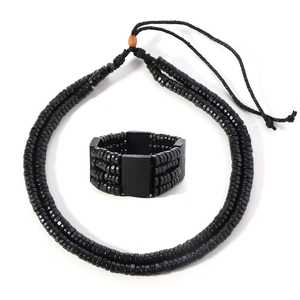 Men's minimalist black wood bead jewelry set with multi-layer necklace and bracelet