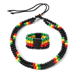 Rasta style handmade 8mm wooden bead necklace and multilayer elastic bracelet jewelry set