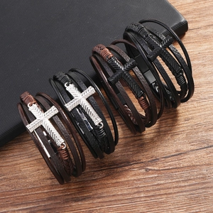 Men's Vintage Multi-layer Braided PU Leather Bracelet Zinc Alloy Cross Charm Wristband Fashion Punk Jewelry Magnetic Clasp