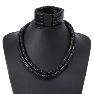 Men's minimalist black wood bead jewelry set with double-layer necklace and beaded bracelet