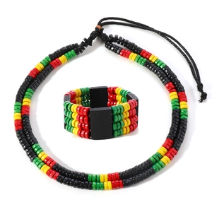 Bohemian style red yellow green wooden bead necklace and bracelet jewelry set for men