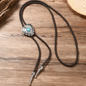 Western punk heart bolo tie with blue turquoise stone and braided leather cord