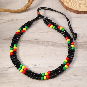 Handmade Rasta style 8mm beaded necklace with red yellow green and black wooden beads