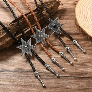 Cravate Bolo Cowboy Western Vintage Hexagramme Pendentif en Alliage de Zinc Collier en Corde de Cuir PU Tressé Bijoux Homme Femme
