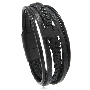 Men's punk style multilayer black braided leather bracelet with a skull charm