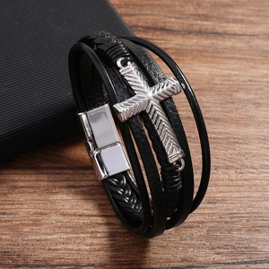 Multi-layer black leather bracelet with silver cross and magnetic steel clasp