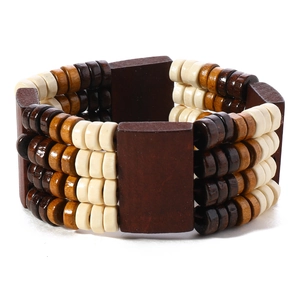 Handmade multilayer wood bead bracelet in brown and cream for beach surf jewelry style