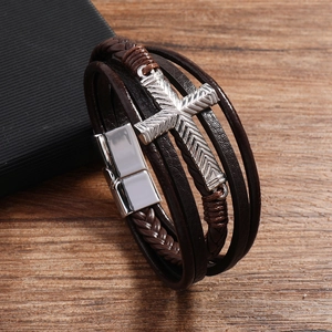 Men's multilayer brown leather bracelet with silver cross and magnetic metal clasp