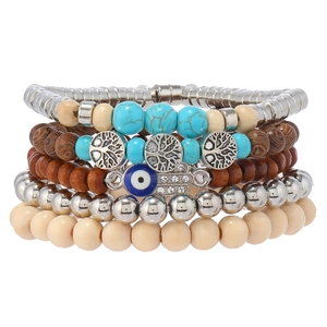 Bohemian multi-layer bracelet set with turquoise beads, wood beads, and Hamsa hand charm