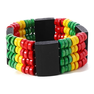 Bohemian Rasta style set with red yellow green wood beads and black rectangle spacers